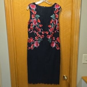 Tadashi Shoji Black Dress with Red Floral Embroidery Size 12